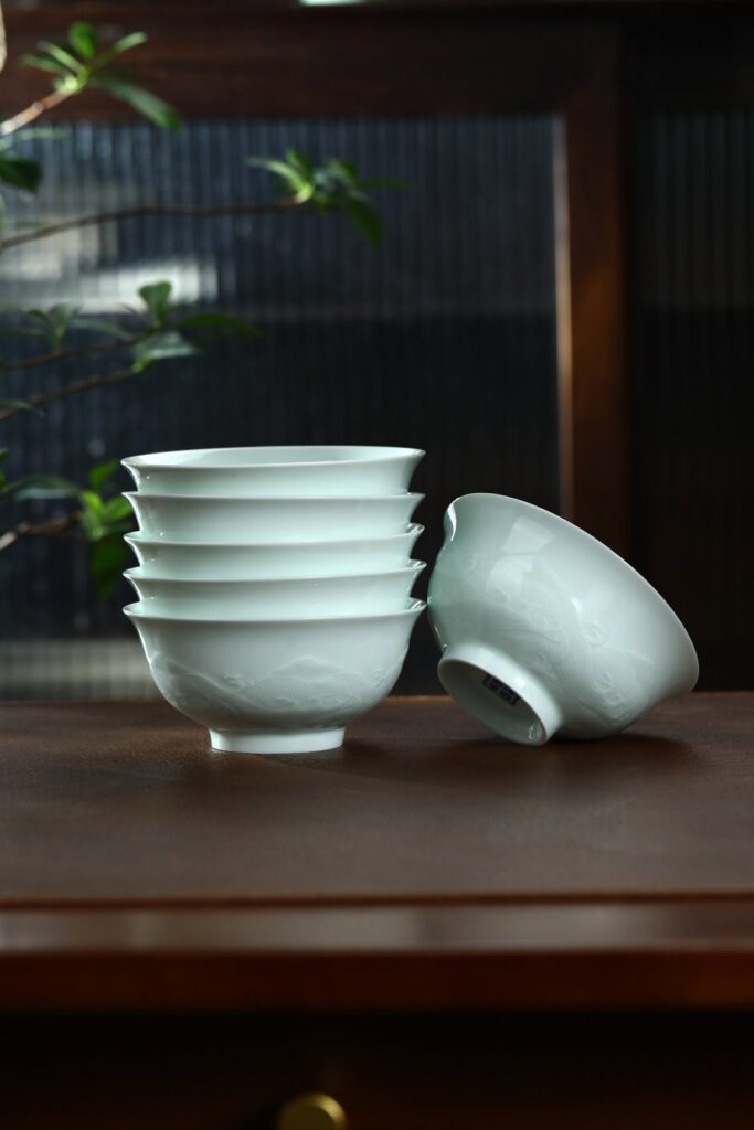 Yingqing Celadon Porcelain Rice Bowls - Sea Wave Motif, Set of 6