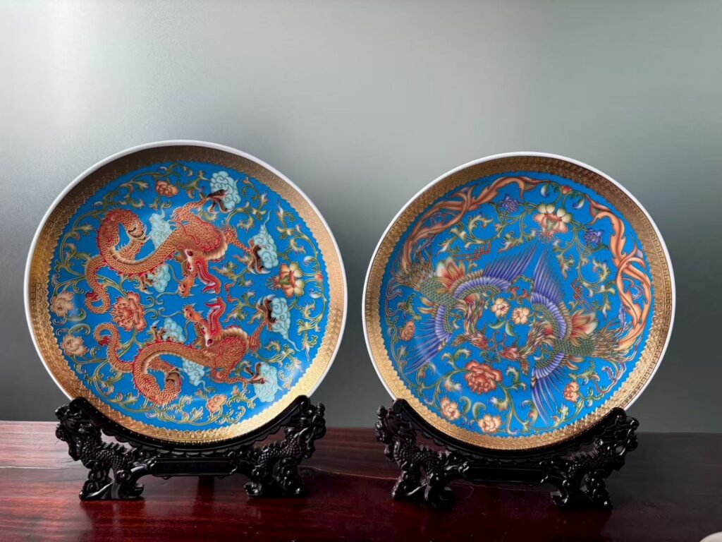 Cloisonne Blue Dragon & Phoenix Porcelain Display Plate (26 cm)