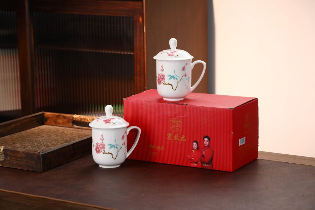 Green Bamboo & Red Plum Porcelain Cup Pair with Lids - Heritage Jingdezhen Design