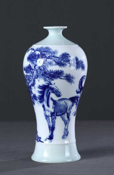 Xu Beihong Style Blue-White Plum Vase with Galloping Horse (30 cm)