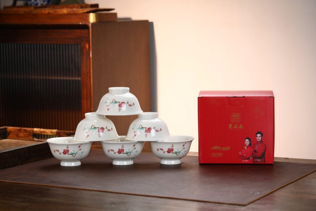 Green Bamboo & Red Plum Porcelain Rice Bowls, Set of 6