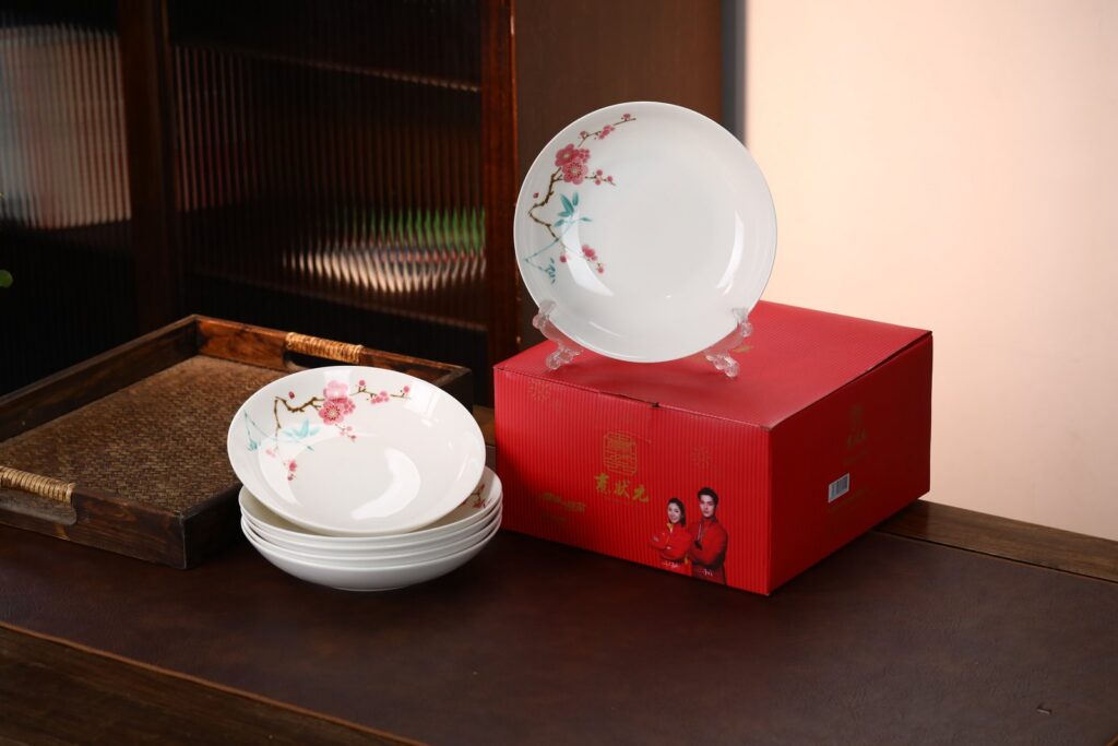 Green Bamboo & Red Plum Porcelain Plates, Set of 6
