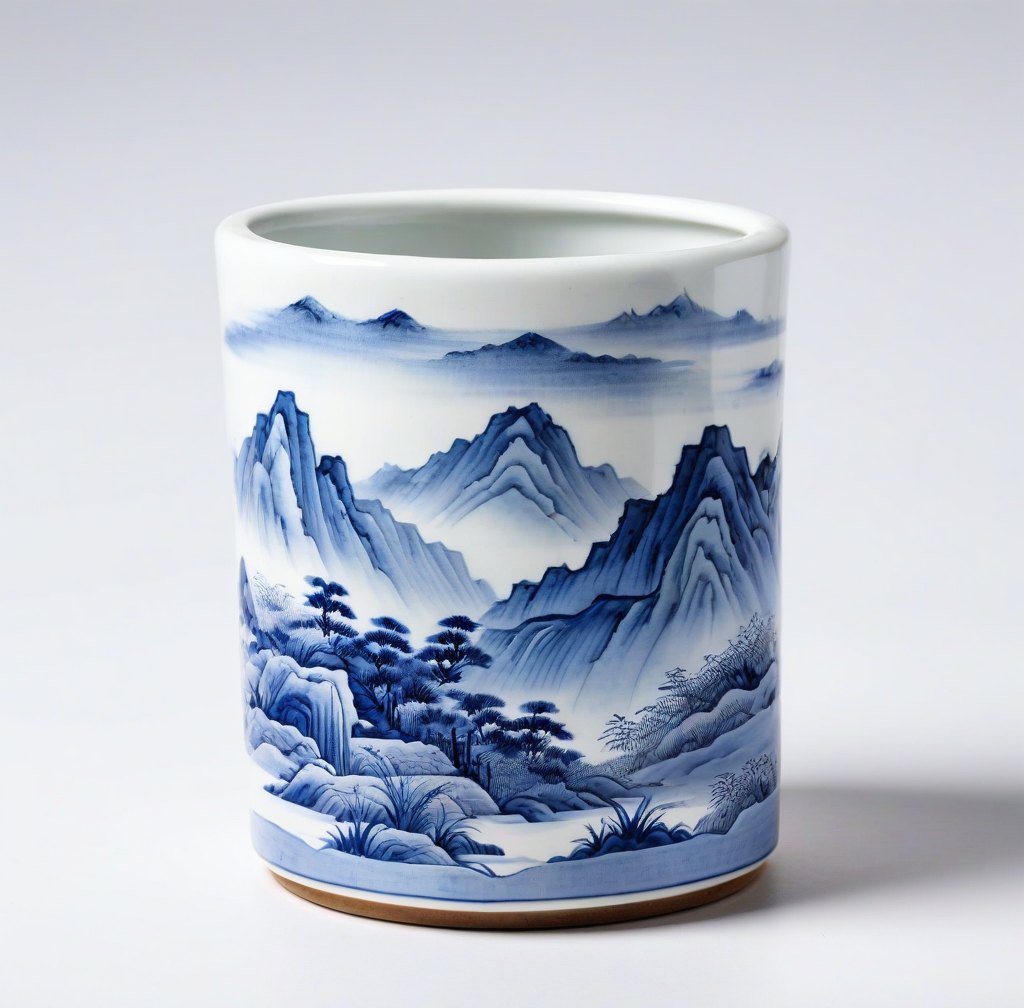 Hand-Painted Landscape Porcelain Brush Pot for Art Supplies