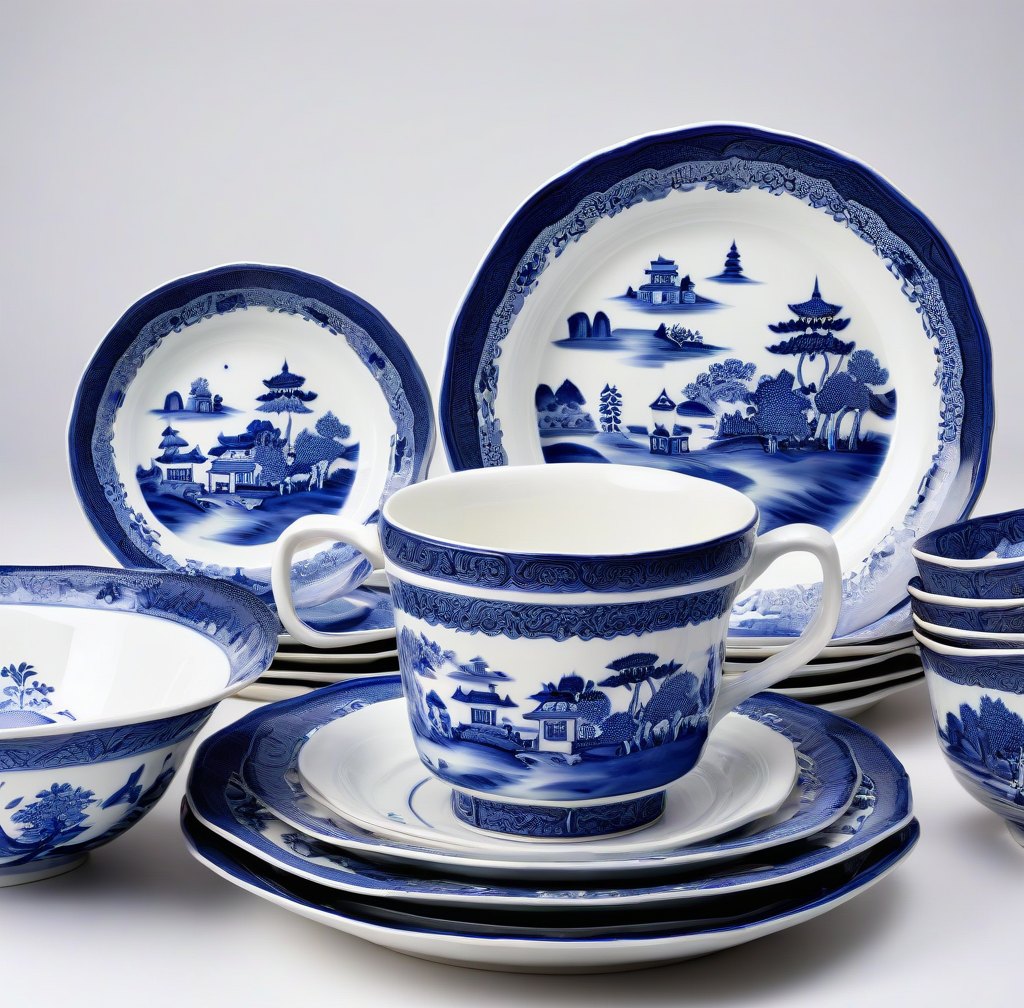 Traditional Blue Willow Porcelain Dinner Set for Eight Guests