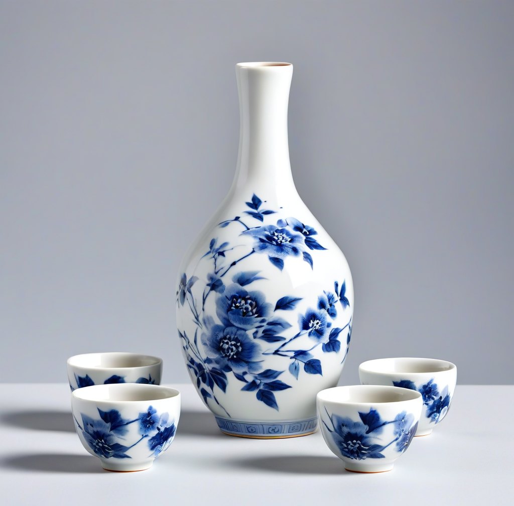 Traditional Porcelain Sake Set with Cups and Bottle