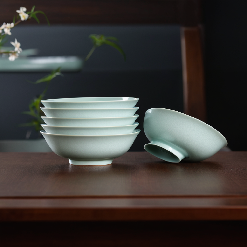 Yingqing Celadon Porcelain Rice Bowls - Sea Wave Motif, Set of 6 - Image 3