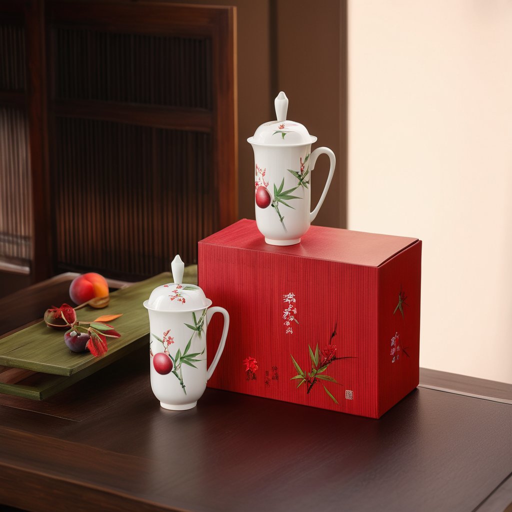 Green Bamboo & Red Plum Porcelain Cup Pair with Lids - Heritage Jingdezhen Design - Image 3
