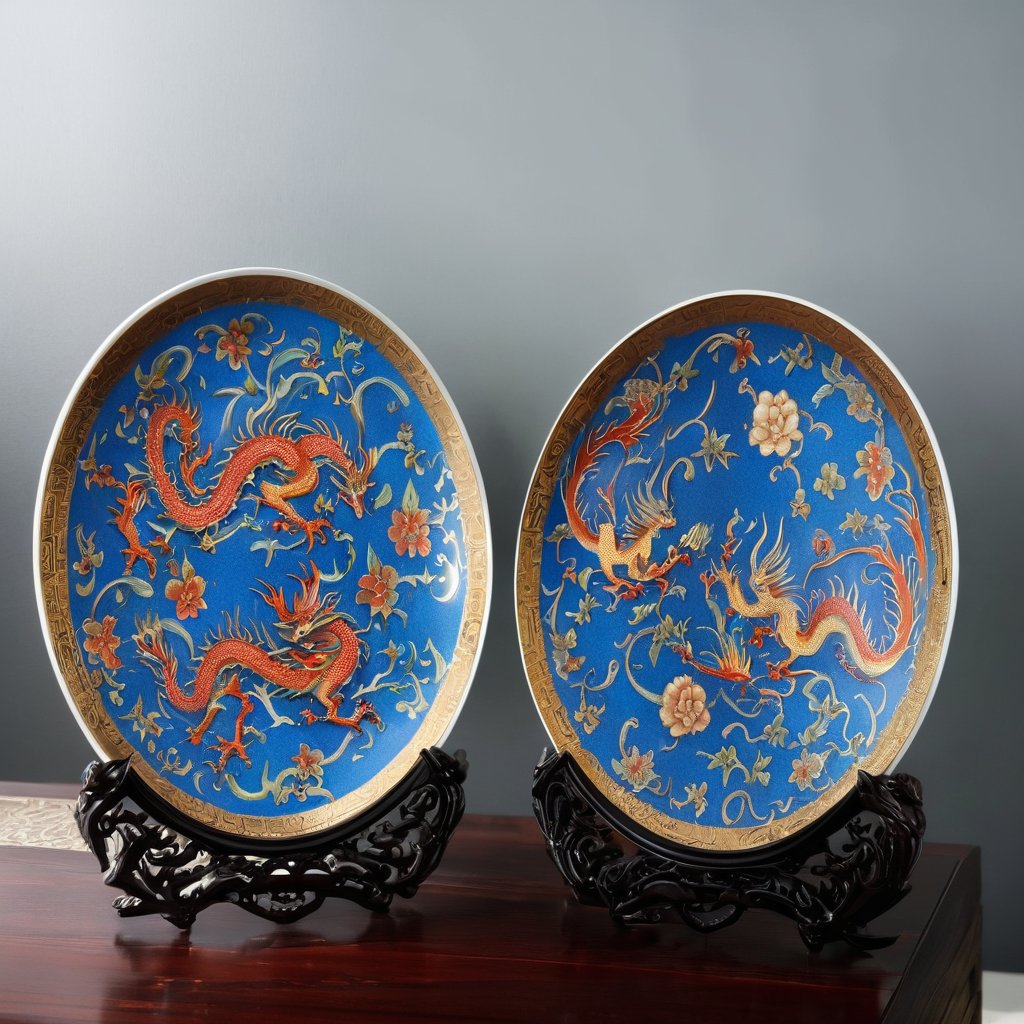 Cloisonne Blue Dragon & Phoenix Porcelain Display Plate (26 cm) - Image 3