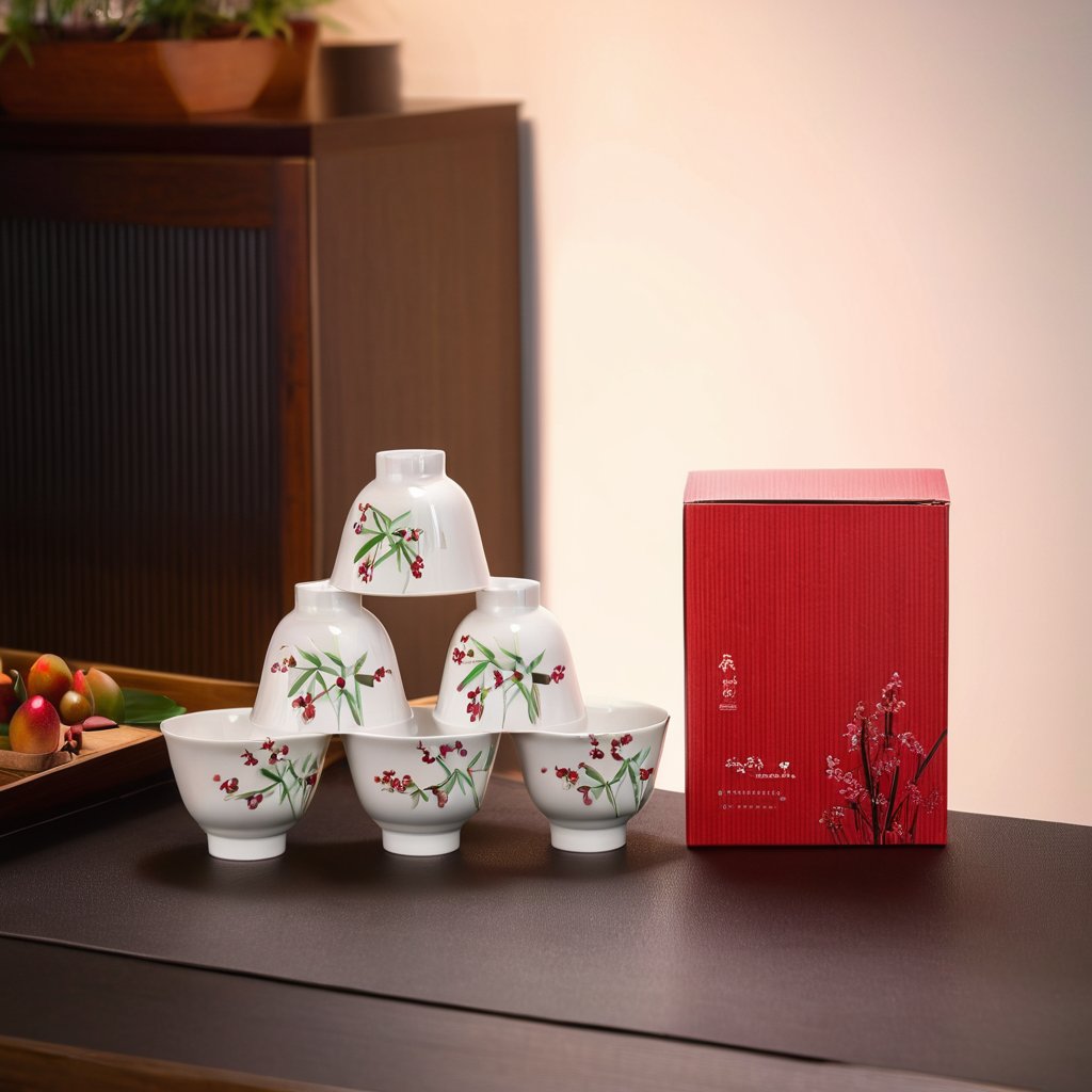 Green Bamboo & Red Plum Porcelain Rice Bowls, Set of 6 - Image 3