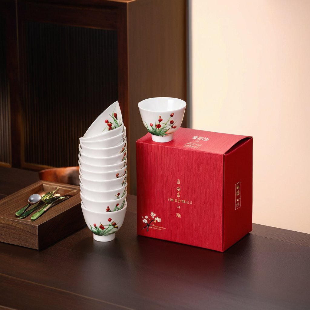Green Bamboo & Red Plum Porcelain Rice Bowls, Set of 10 - Image 3