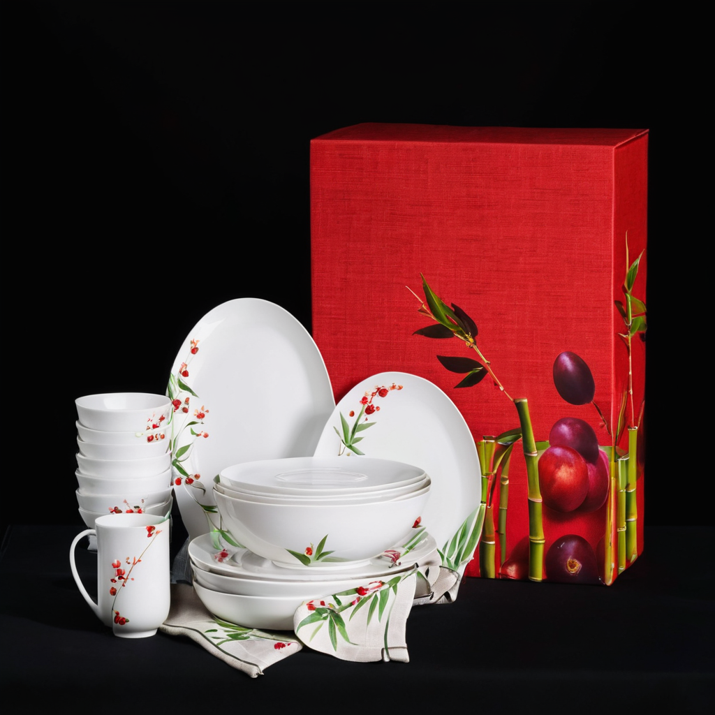 Green Bamboo & Red Plum 28-Piece Porcelain Dinnerware Set - Image 3